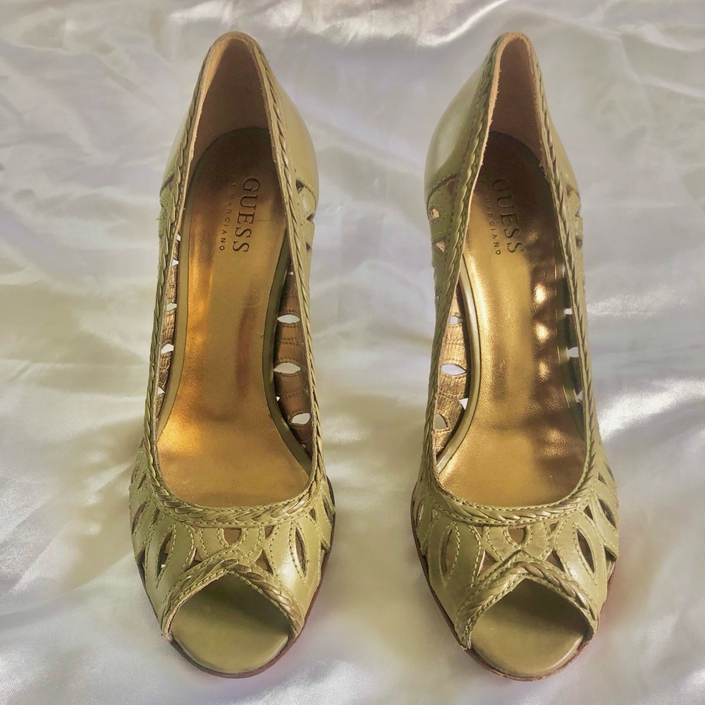 Guess Olive Green Braided Leafy Heels, Size 8